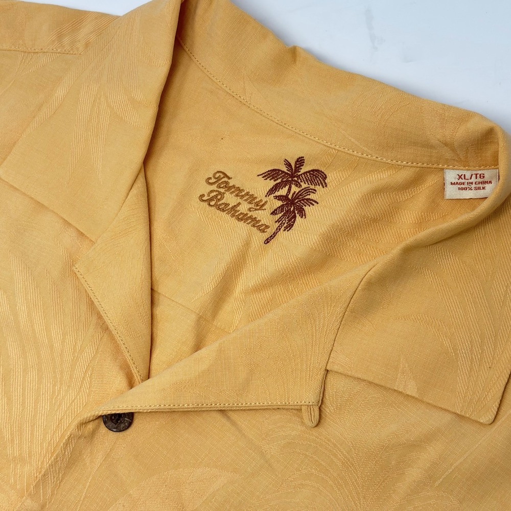 Tommy Bahama Men's XL 100% Silk Camp Shirt Orange Palm Leaf Jacquard Aloha